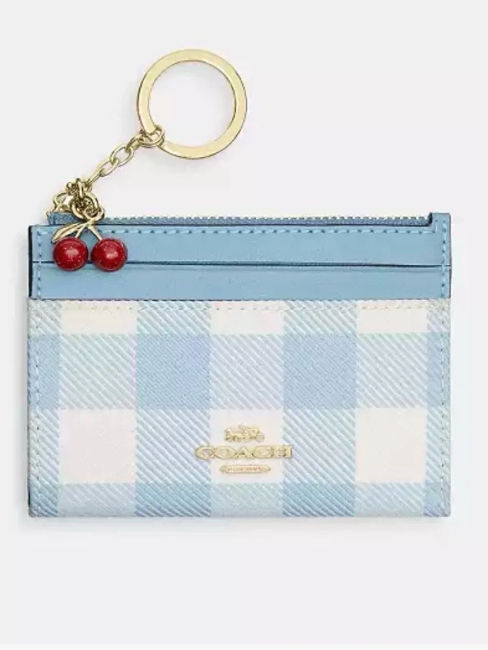 🍒🍒NWT Coach Mini Skinny Id Card Case With Gingham Print Cherry Charm Blue CFA31